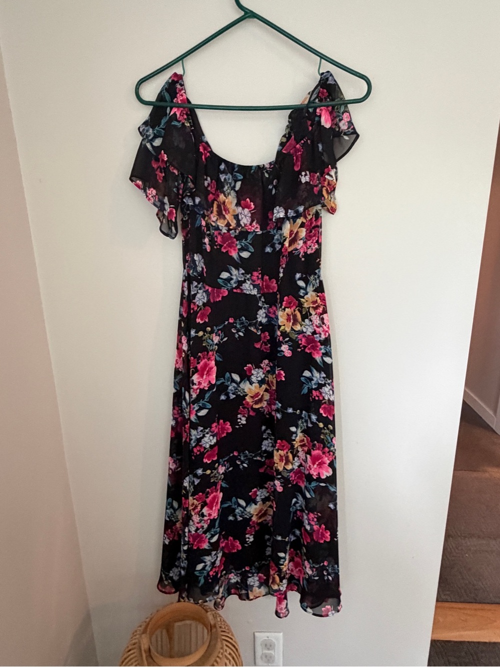 Express Floral Off-Shoulder Midi Dress in Black with Pink & Yellow Blooms